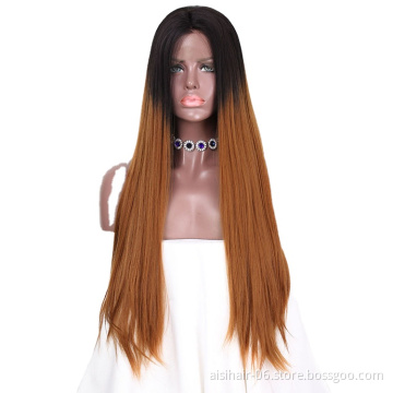 High Quality Ombre Wig Natural Wave Front Lace Brown Dark Root Lace Frontal Long Silky Straight Wig Hair Wigs For Women